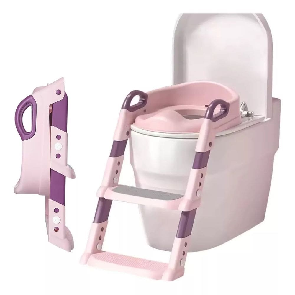 Assento Redutor Infantil Rosa Com Escada Para Vaso Sanitário