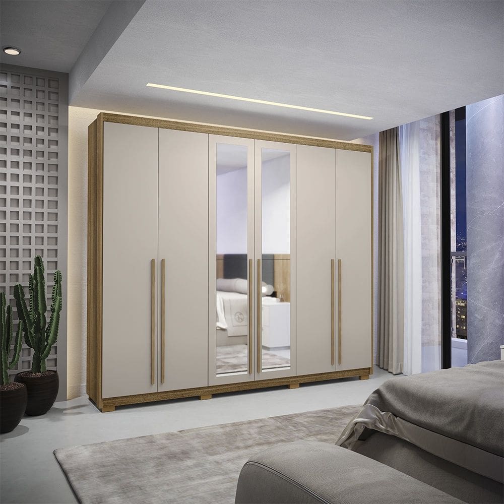 Guarda Roupa Roupeiro Casal Dubai Majestic 6 Portas 6 Gavetas com Espelho Nature Fendy Vila Rica