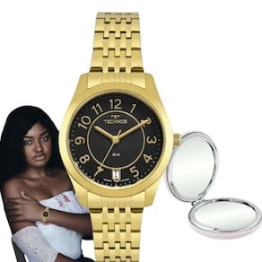 Relógio de Pulso Technos Feminino Analógico Aço Inóx Quartz Prova D`agua 5 ATM Boutique Redondo Pequeno Casual Dourado 2115KNJS/4P + Espelho de Bolsa