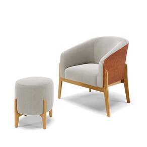 Poltrona e Puff Decorativo Base Madeira Stella PU Nozes/Bouclê Cinza D03 - D`Rossi