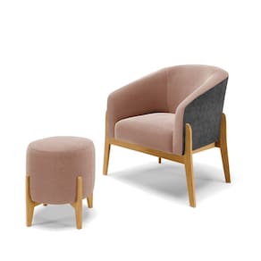 Poltrona e Puff Decorativo Base Madeira Stella PU Preto/Bouclê Rosê D03 - D`Rossi