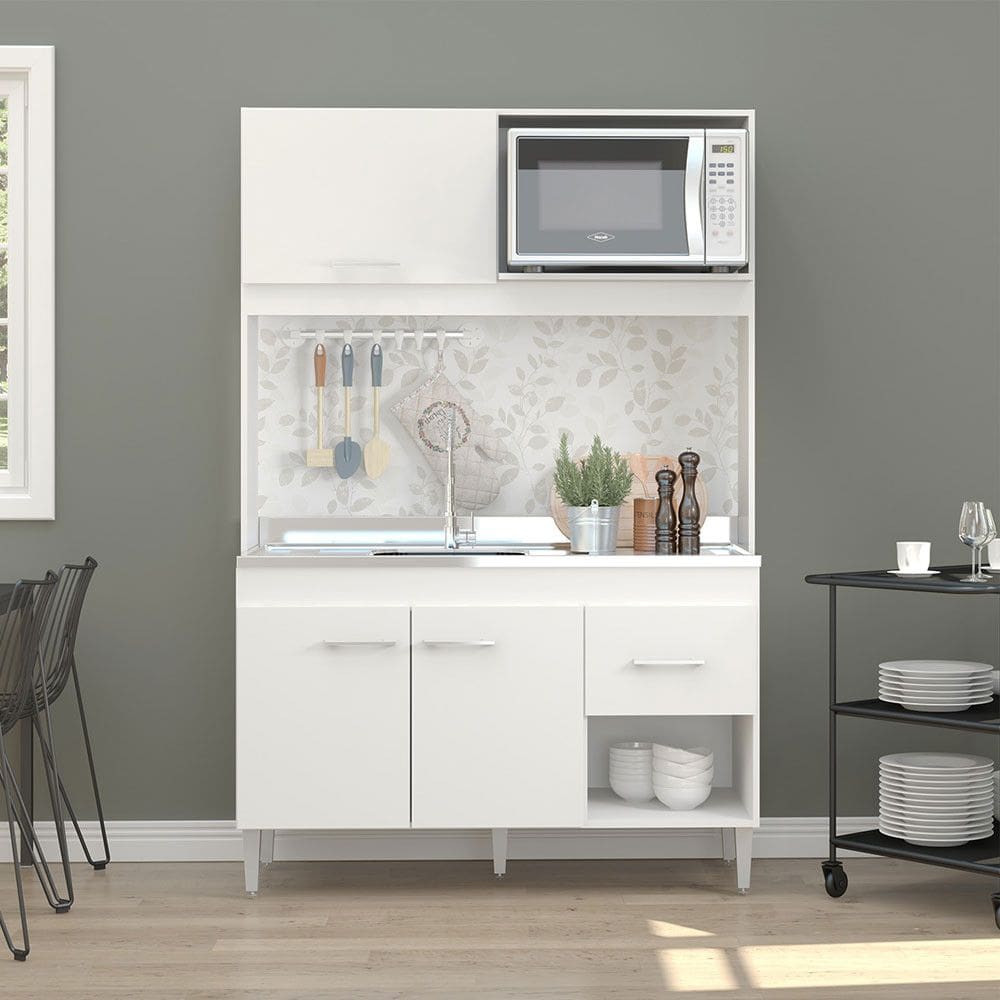 Armário de Cozinha Compacta para Kitnet 122x188cm MDP Branco 0336 Menu Móveis