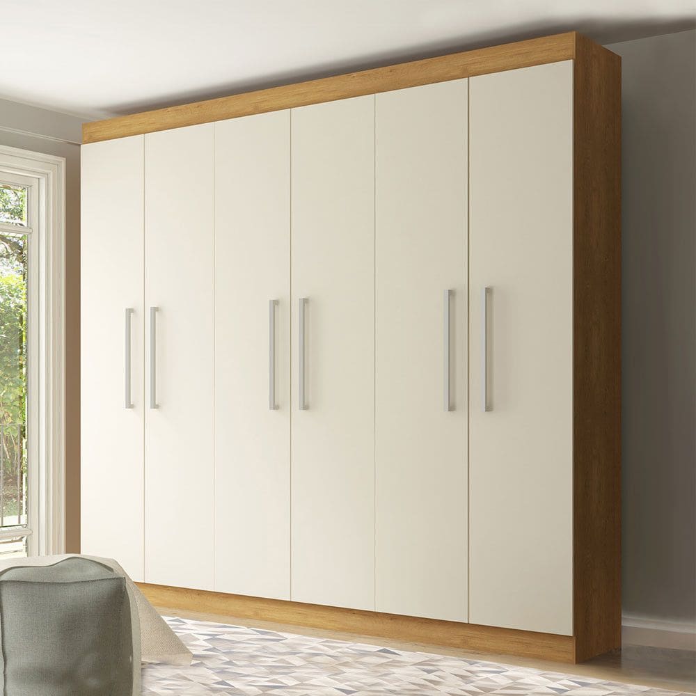 Guarda Roupa de Casal 250x230cm 6 Portas 3 Gavetas 3 Cabideiros MDP Branco Carvalho 1056 Menu Móveis