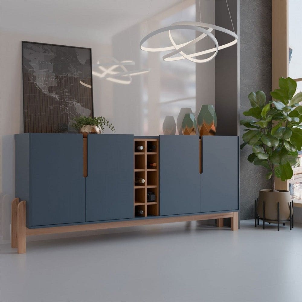 Balcão Buffet Canela 4 Portas com Adega Azul Cobalto/Cedro - Panorama Móveis
