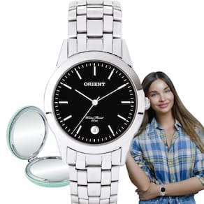 Relógio de Pulso Orient Feminino Analógico Aço Inóx Prova Dágua 5 ATM Pequeno Redondo Casual Prata MBSS1004A P1SX + Espelho de Bolsa