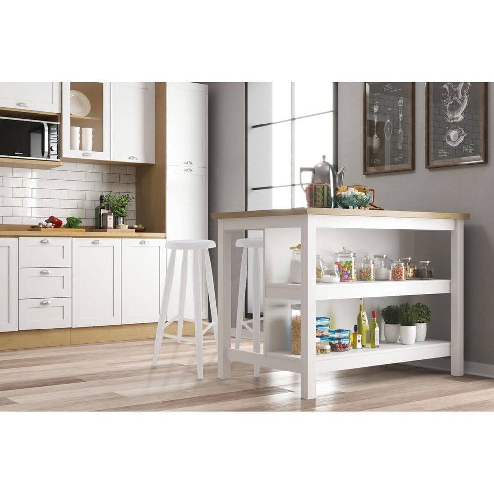 Bancada Ilha para Cozinha e 2 Banquetas Branco