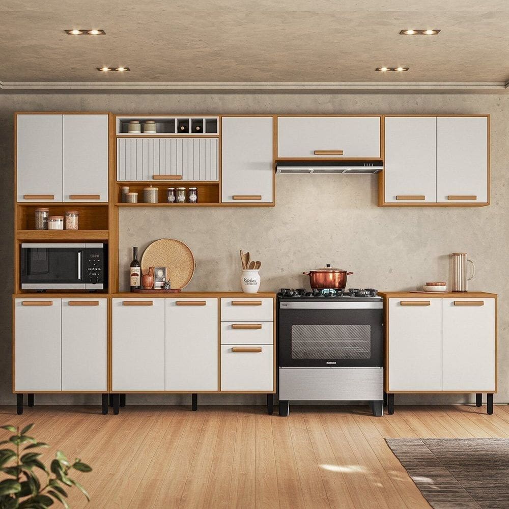 Cozinha Modulada 6 Peças Napoles 14 Portas 2 Gavetas e Nicho para Forno Cinamomo/Off White