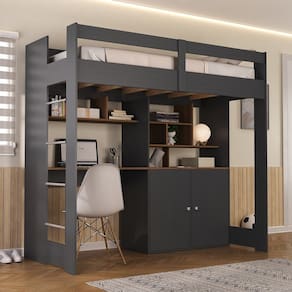 Cama de Solteiro Zwork 2 Portas com Escrivaninha Multifuncional Yescasa Grafite/Nogal