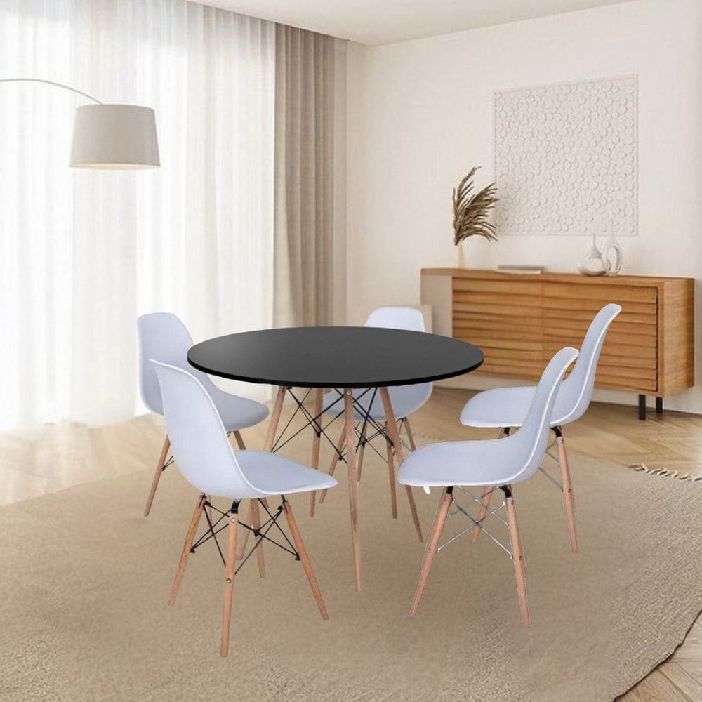 Conjunto Mesa de Jantar 110cm com 04 Cadeiras Eiffel Branco/Preto