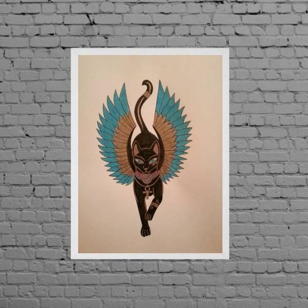 Quadro Gato Egípcio Bastet 33X24 - Com Vidro Moldura Branca