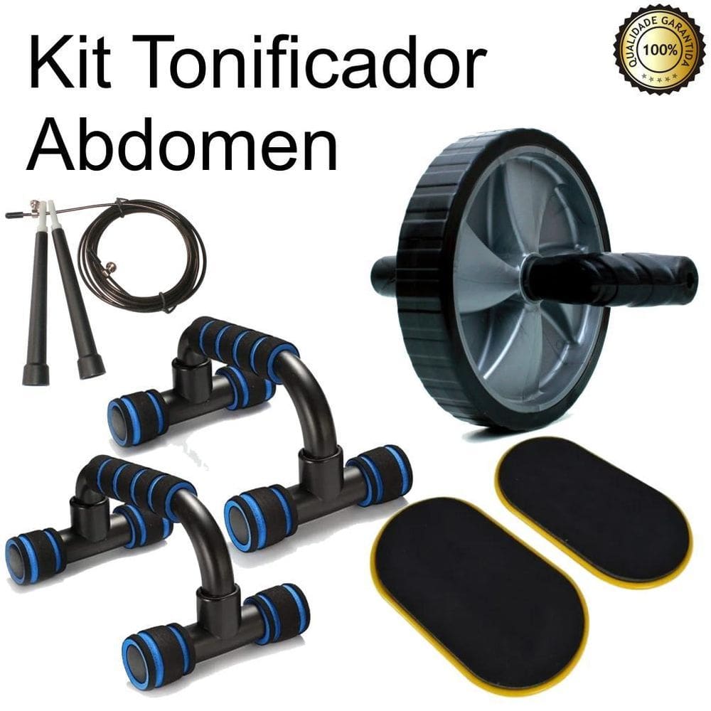 Kit Roda Abdominal Rolinho Com Apoio Flexão + Corda + Disco
