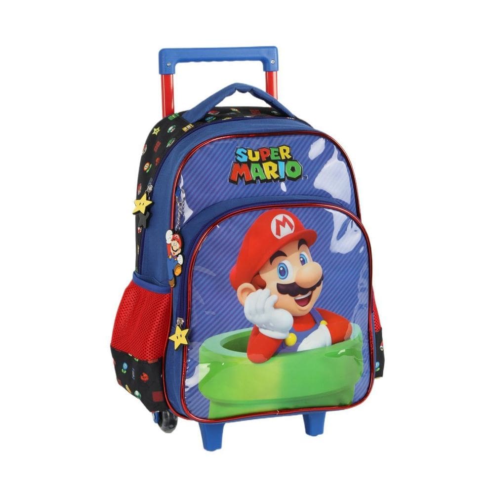Mochila Escolar Rodinhas E Alça Super Mario Bros 4 Bolsos Pu
