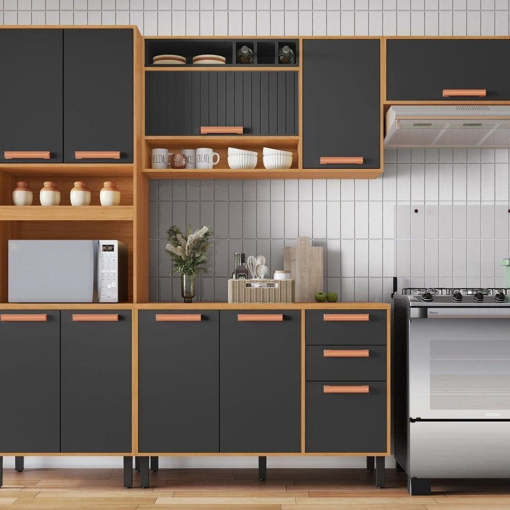 Cozinha Modulada 4 Peças 10 Portas 2 Gavetas e Nicho para Forno Napoles Cinamomo/Grafite Intenso