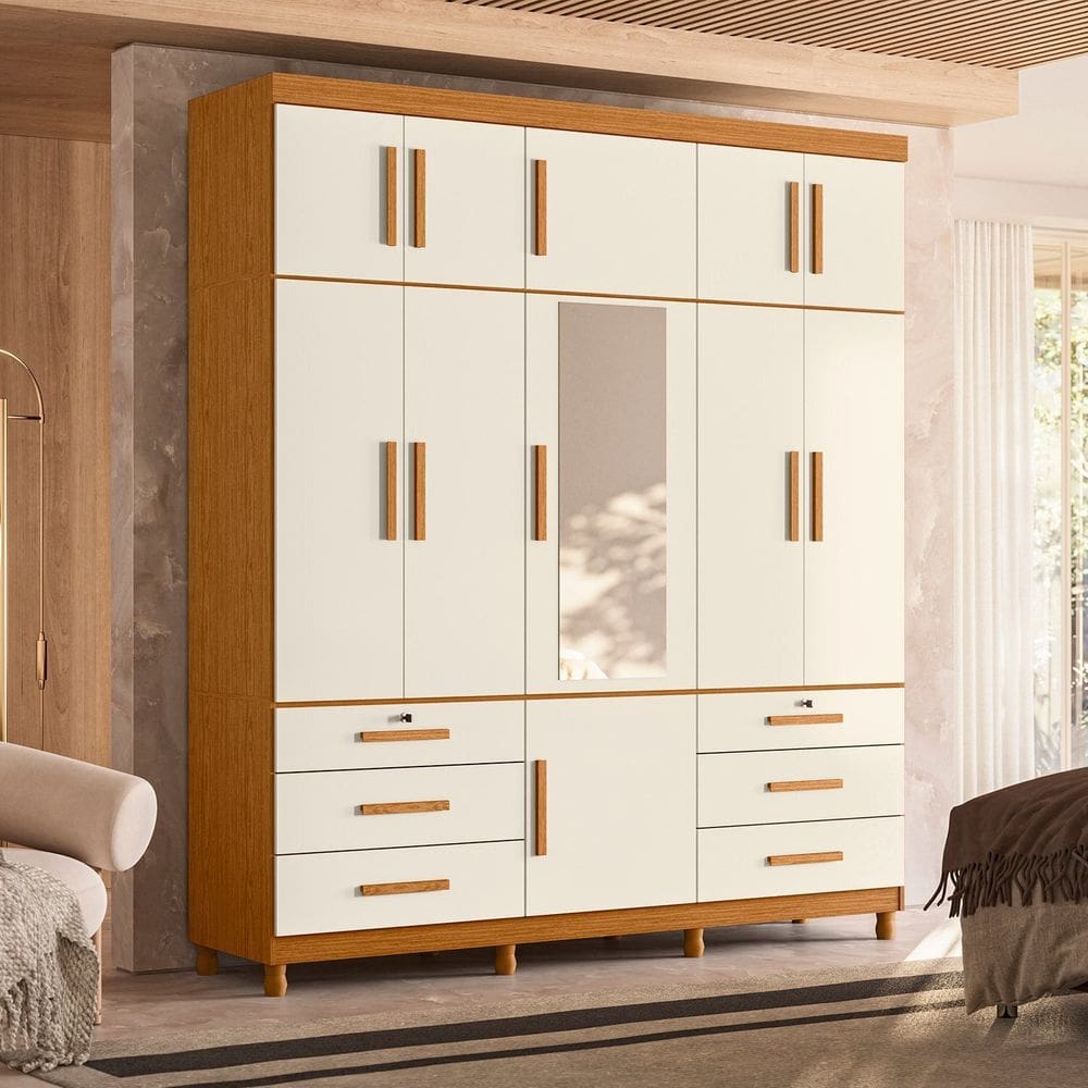 Guarda-roupa Casal com Espelho 11 Portas 6 Gavetas Triton Plus Cinamomo / Off White