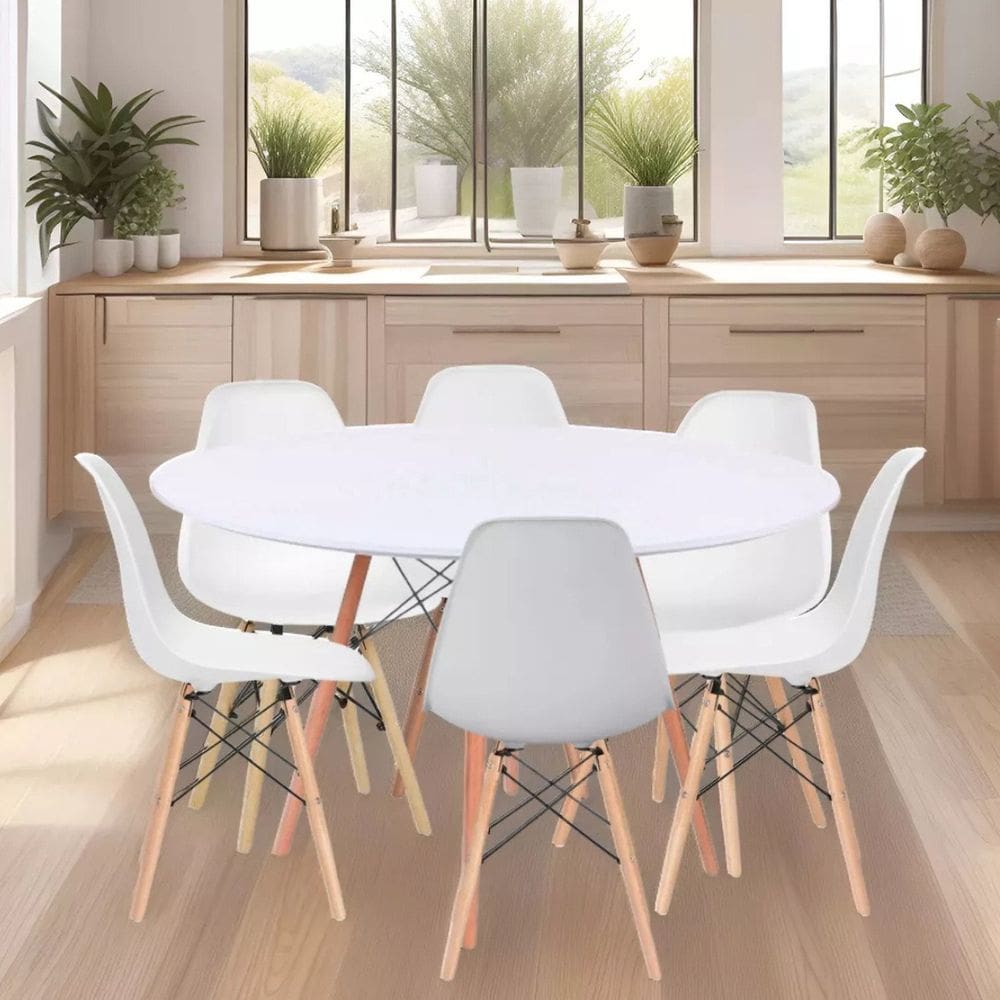 Conjunto Mesa de Jantar 120cm Redonda com 06 Cadeiras Eiffel Branco
