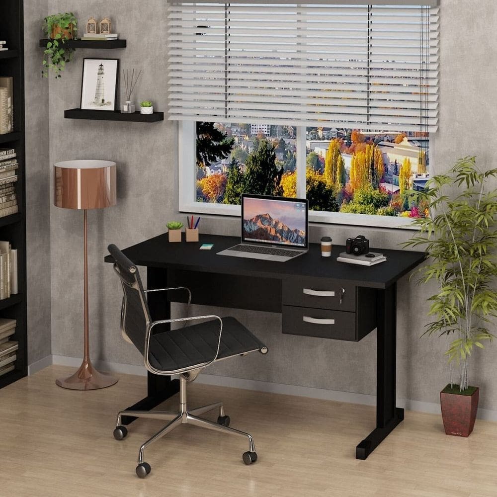 Mesa de Escritório Pé Metálico 120x60cm com Gaveteiro Preto