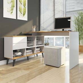 Mesa Escrivaninha com Estante Nicho 2 Gavetas Pés Retrô MDP Branco Carvalho Menu Móveis