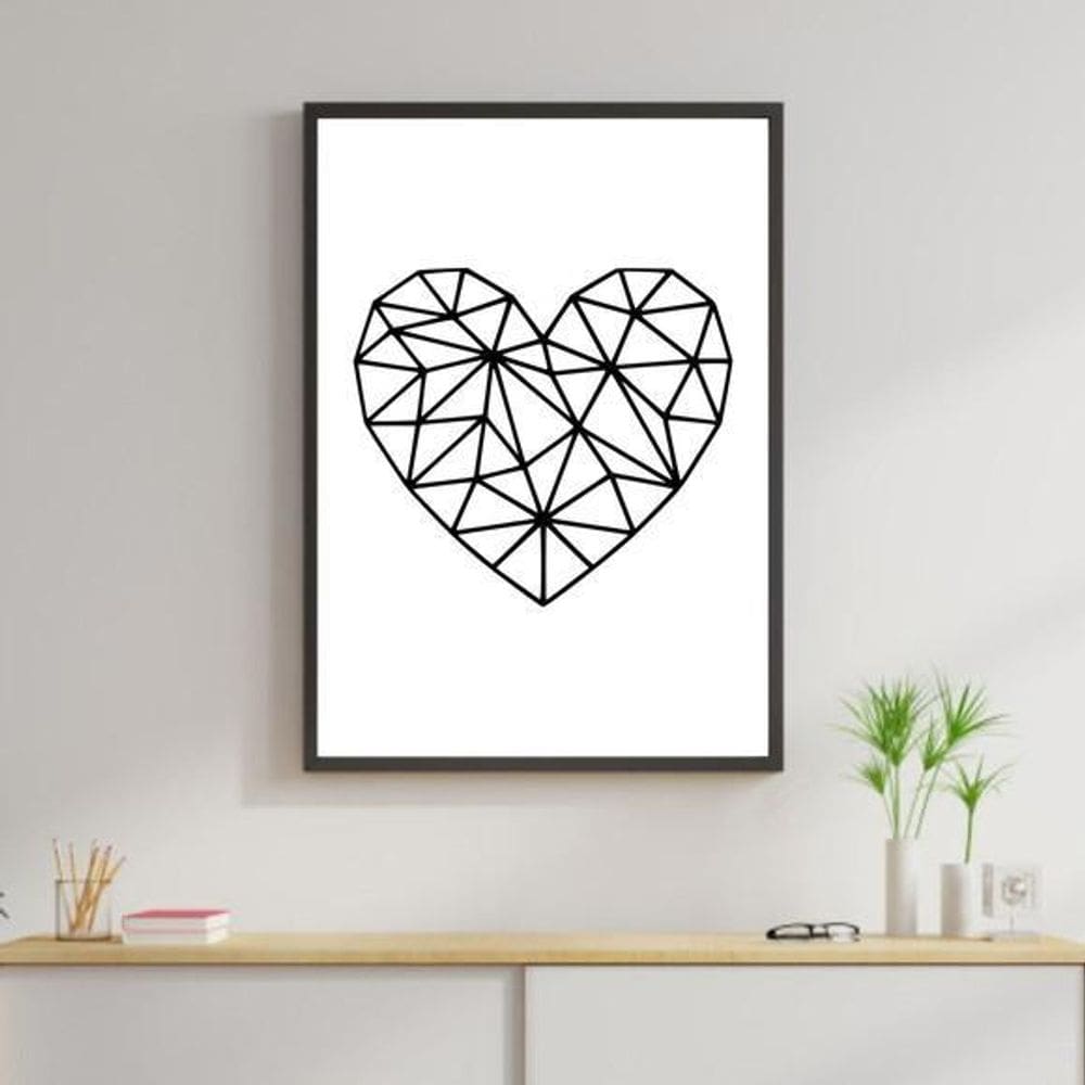 Quadro Coração Geométrico Preto E Branco 33X24Cm Com Vidro