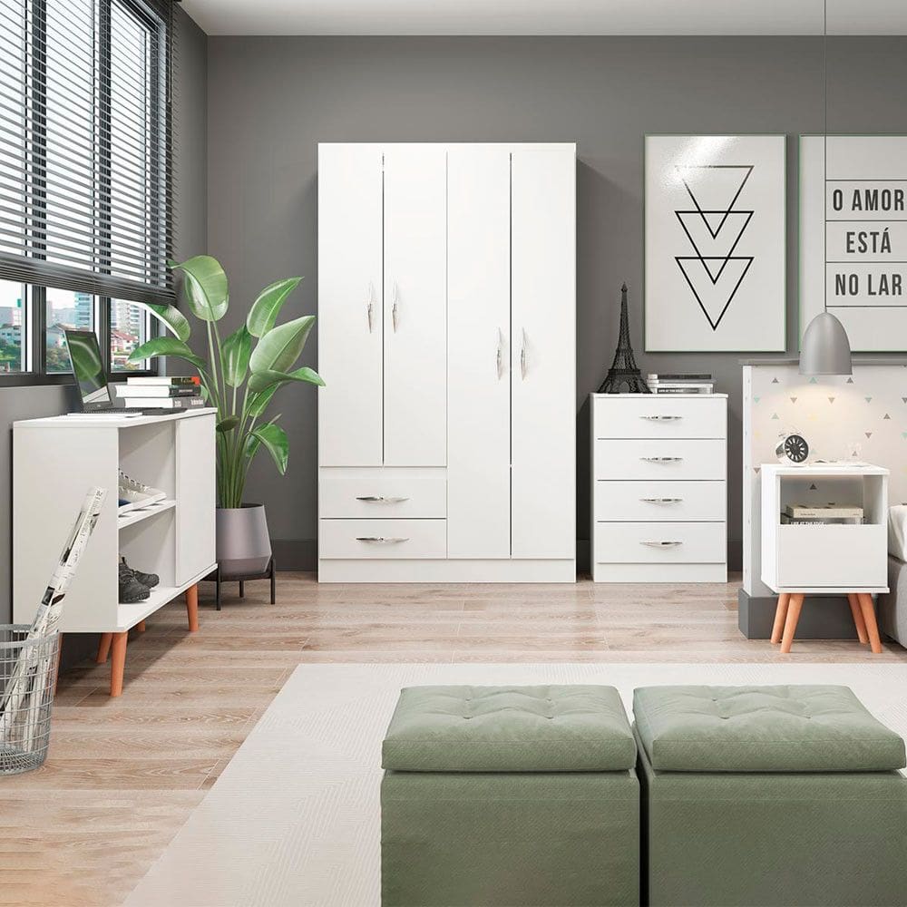 Kit Quarto Completo Guarda Roupa Cômoda Rack e Mesa Lateral com 4Pçs em MDP Branco Menu Móveis
