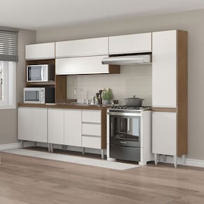Cozinha Modulada Completa com Torre Quente Paneleiro Sabrina 320x202cm 6 Peças Branco Avelã Menu Móveis