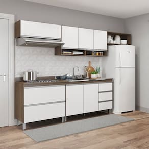 Cozinha Modulada com Balcão Cooktop Pia Sabrina 280x202cm 5 Peças Branco Avelã Menu Móveis