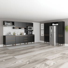Cozinha Modulada Grande Completa 8 Peças 460cm Balcão e Aéreos MDP Preto Menu Móveis