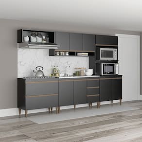 Cozinha Modulada Completa 280cm Sabrina 5 Peças Preto Menu Móveis
