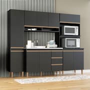 Cozinha Modulada Compacta com Torre Quente Balcão Pia Sabrina 240x202cm 4 Peças Preto Menu Móveis