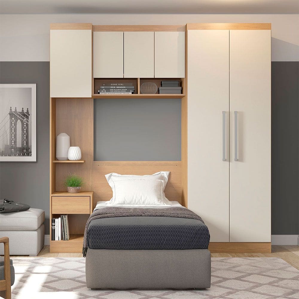 Guarda Roupa Modulado Solteiro Painel Cabeceira 210x218cm Selene 4 Peças MDP Carvalho Menu Móveis