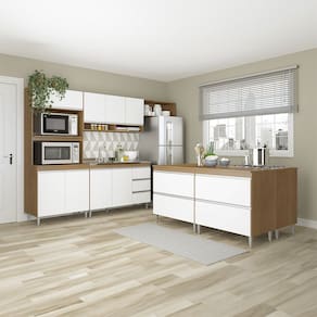 Cozinha Modulada 280cm com Balcão Ilha Grande 8 Peças Branco Menu Móveis