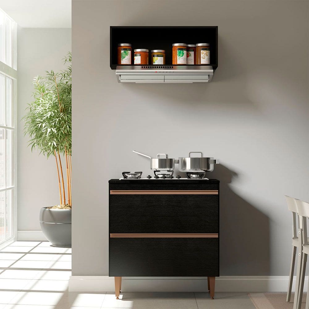 Balcão para Cooktop com 2 Gavetas Sabrina 80cm 2 Peças MDP Preto Menu Móveis