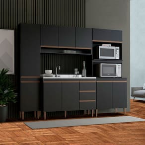 Cozinha Modulada Compacta com Torre Quente e Balcão Pia Sabrina 240x202cm 4 Peças MDP Preto Menu Móveis