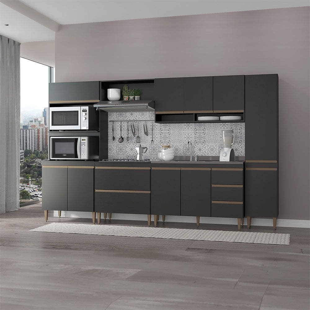 Cozinha Modulada Completa com Torre Quente Sabrina 320x202cm 6 Peças MDP Preto Menu Móveis