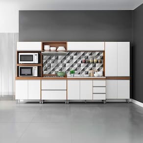 Armário de Cozinha Modulada com Balcão Torre Quente Sabrina 360x202cm 6 Peças MDP Branco Menu Móveis