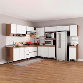 Cozinha de Canto Modulada com Armário Aéreo Balcão Sabrina 252-294x202cm 10 Peças MDP Branco Menu Móveis