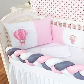 Kit Protetor Berço Padrão Americano Ursinho Balão Rosa 6 Pçs