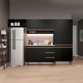 Cozinha Compacta Modulada com Balcão Pia Sabrina 280x202cm 4 Peças MDP Preto Menu Móveis