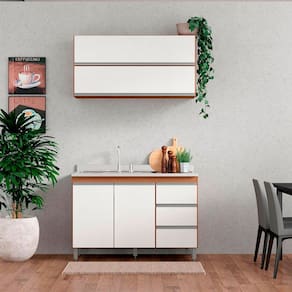 Armário de Cozinha Compacta com Balcão Pia Modulada Sabrina 120x202cm 3 Peças MDP Branco Menu Móveis