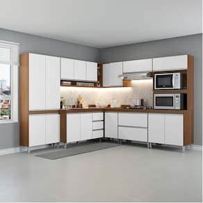 Cozinha Completa de Canto Modulada Sabrina 252-254x202cm 8 Peças MDP Branco Menu Móveis