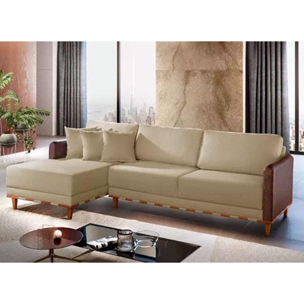 Sofá Fixo Com Chaise Vegas Detalhe Em Couro Luxo