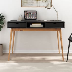 Mesa Escritório Preto Madeirado Retro 2 Gavetas 1 Nicho Stefano
