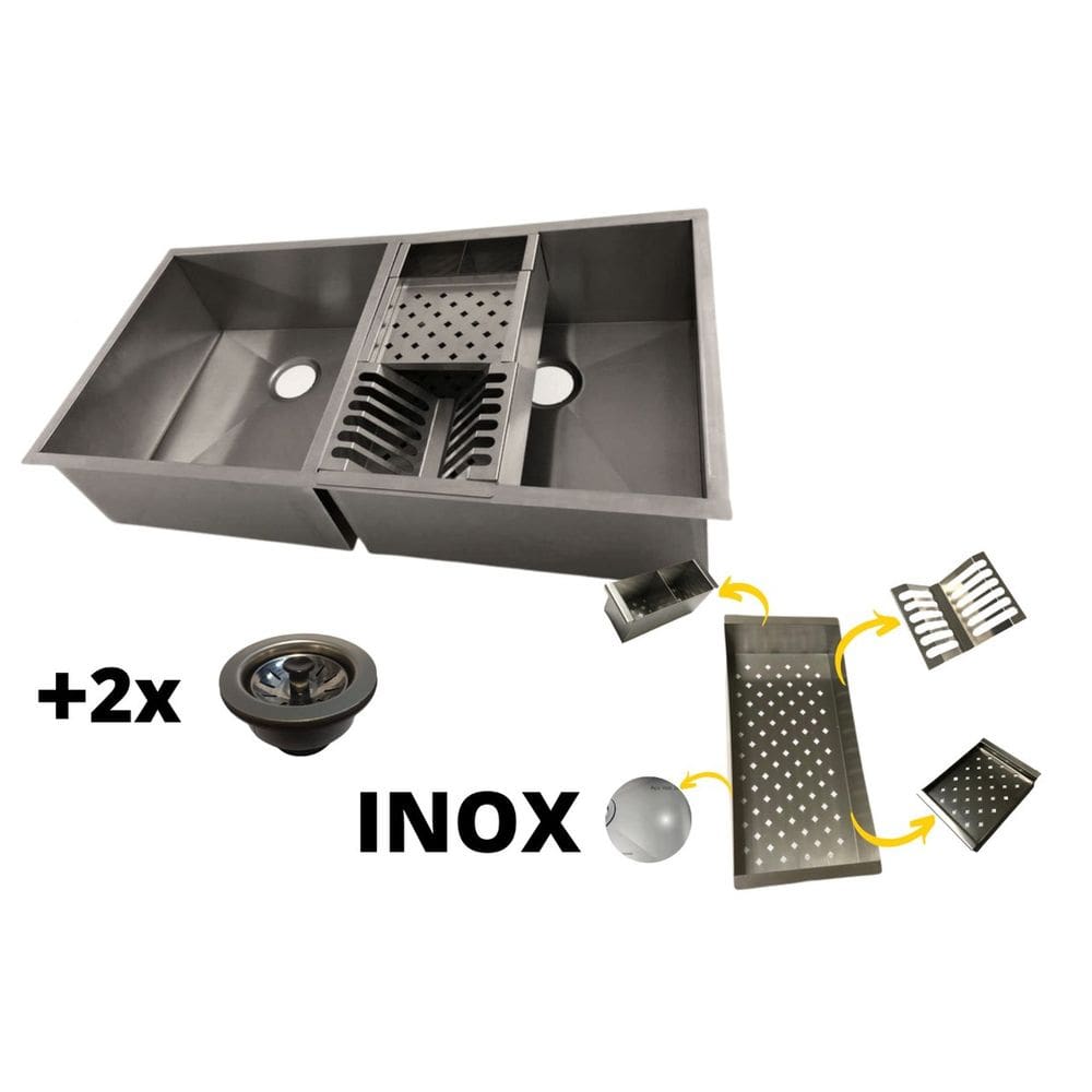 Pia Cuba Dupla De Inox 40x40 Quadrada Area Gourmet Embutir ou Sobrepor + Canal Equipado