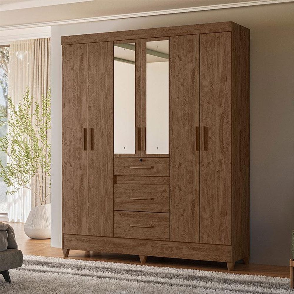 Guarda Roupa Casal Ambiente Itatiba 6 Portas Castanho Wood com Espelho - Moval