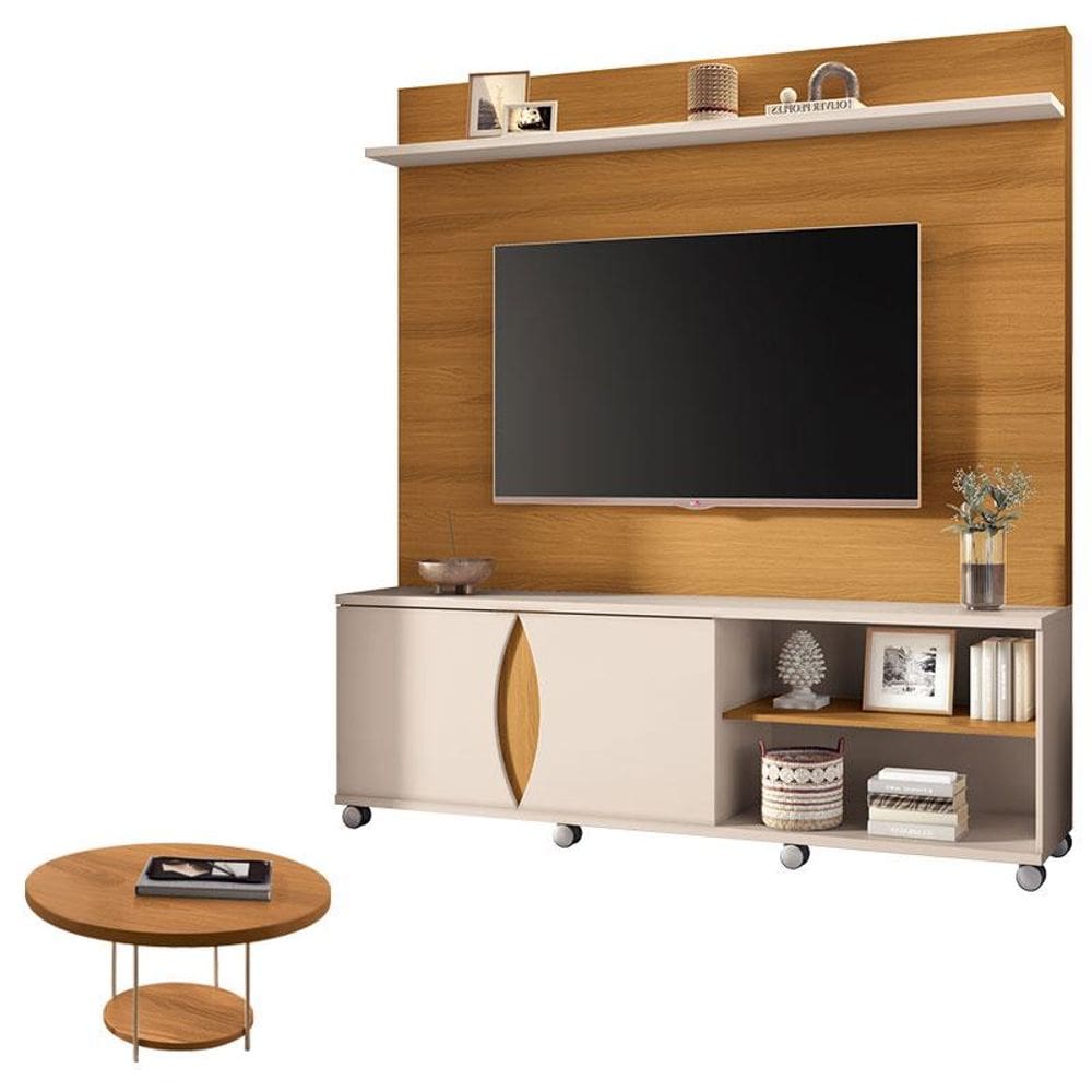 Estante Home Theater Luxor Cinamomo Off White e Mesa de Centro sky Cinamomo- HB Móveis