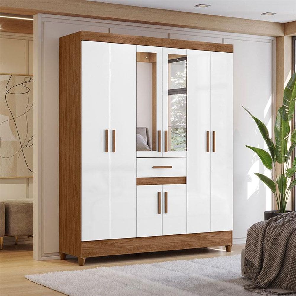 Guarda Roupa Casal Ambiente Portugal 8 Portas Naturale Branco com Espelho - Moval