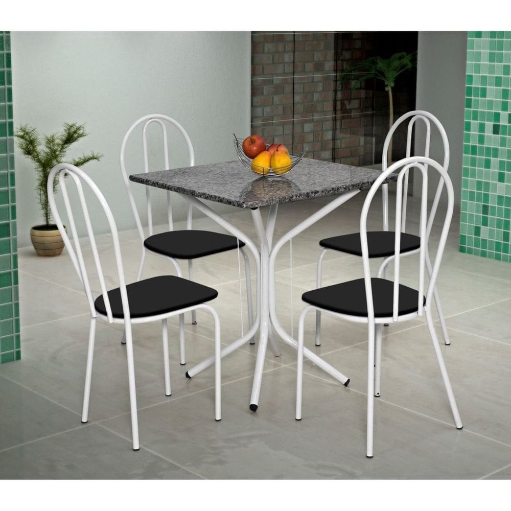 Conjunto Sala de Jantar Mesa Tampo de Granito Quadrada com 4 Cadeira Thais Branco/Preto