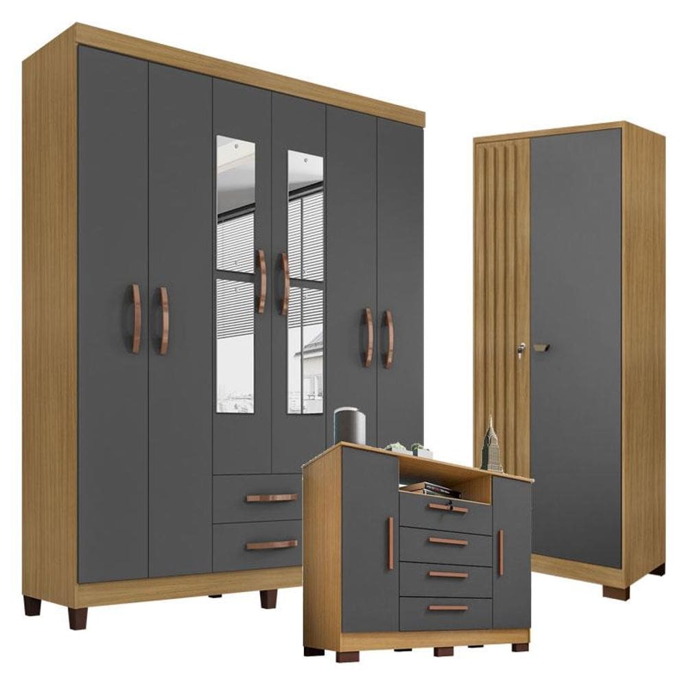 Guarda Roupa Casal Modena com Espelho 6 Portas e Cômoda Madri Armário Multiuso Versatile Carvalho Americano Grafite - Incorplac