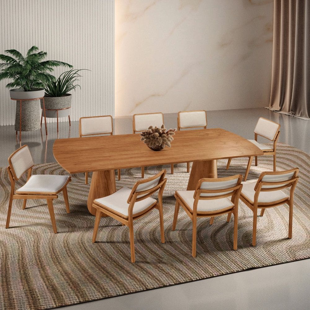 Sala de Jantar Mesa Noronha 220cm Madeira Tampo Barril Laminado com 8 cadeiras Eva
