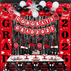 Decorações de formatura Distasio 2025 em vermelho e preto, turma de 2025