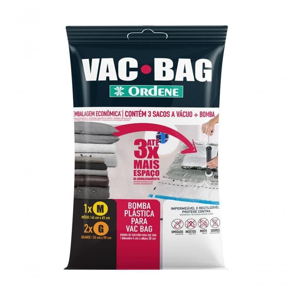 Kit De Saco A Vácuo Organizador 1 Médio + 2 Grandes Transparente Vac Bag Ordene + Bomba De Ar